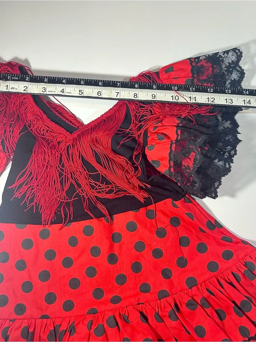 Hilary McAuley Flamenco Dress Sz 2 Red Black Polka Dot Fringe Lace Spanish